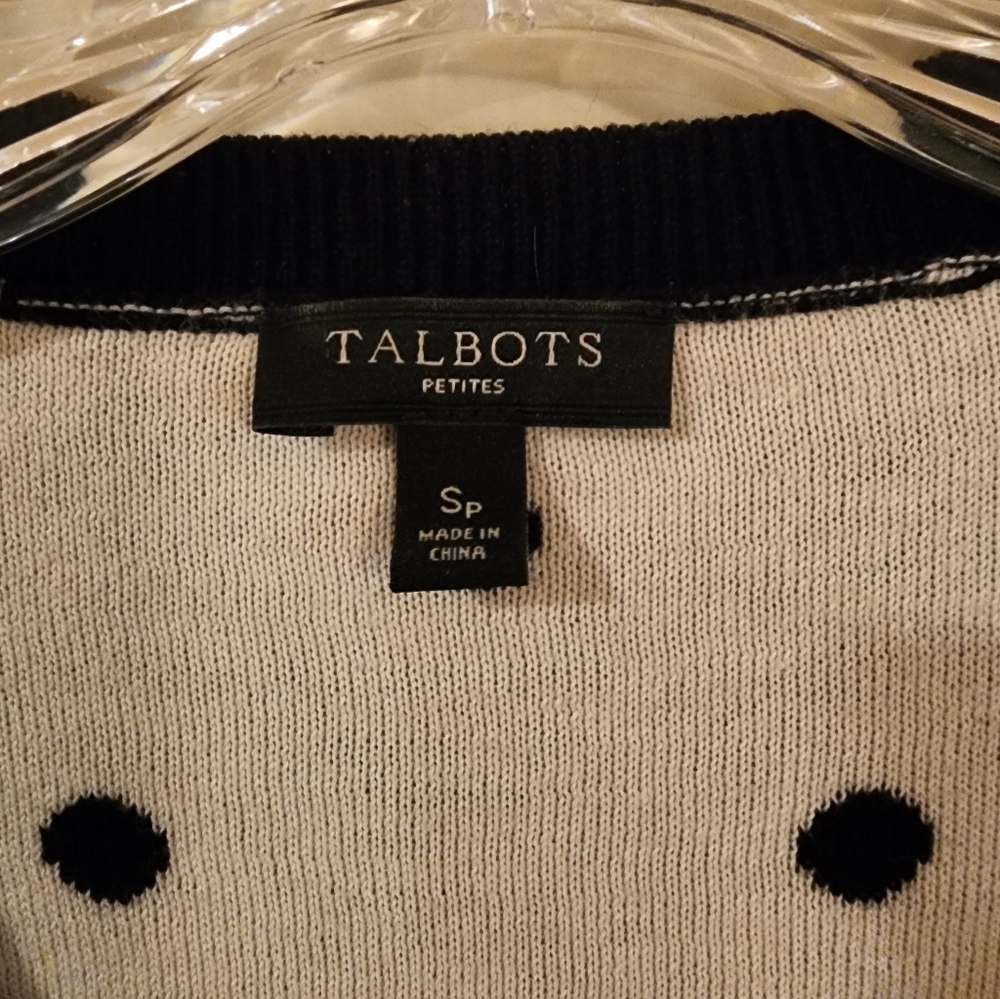 TALBOT'S BLACK AND WHITE POLKA DOT CARDIGAN SIZE PETITE S NWOT COTTON BLEND - Picture 2 of 5